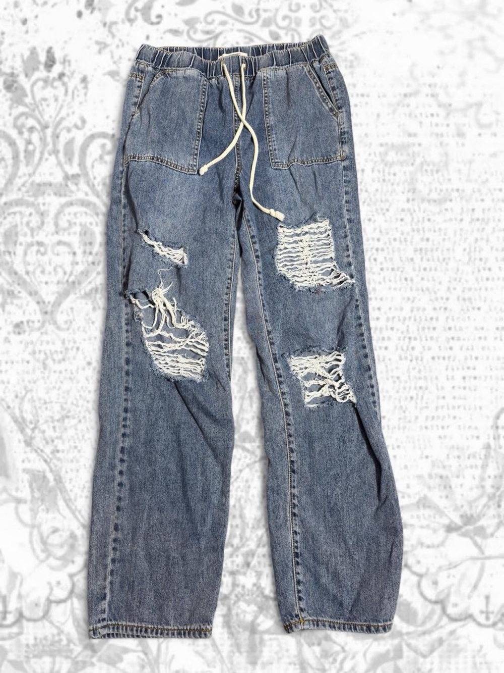 SO Women's Distressed Light Blue Drawstring Denim Jeans